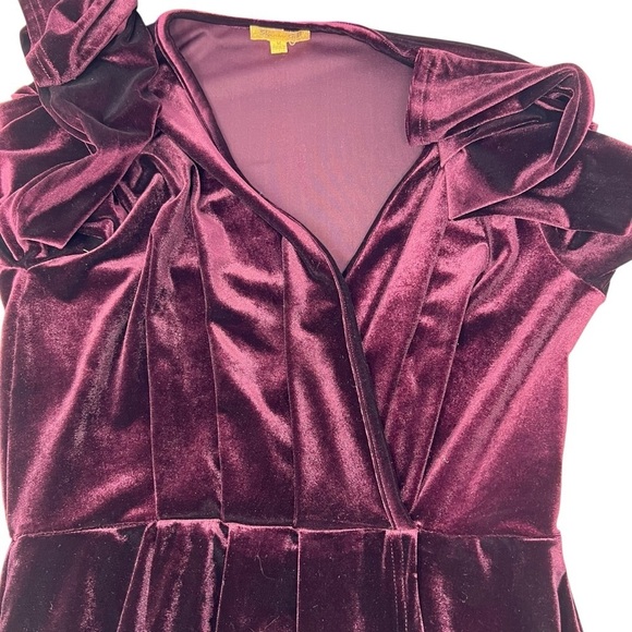 Shinestar Gold Velvet Long Sleeve V Neck Faux Wrap Dress Plum Hi Low Hem Size M - Picture 8 of 14